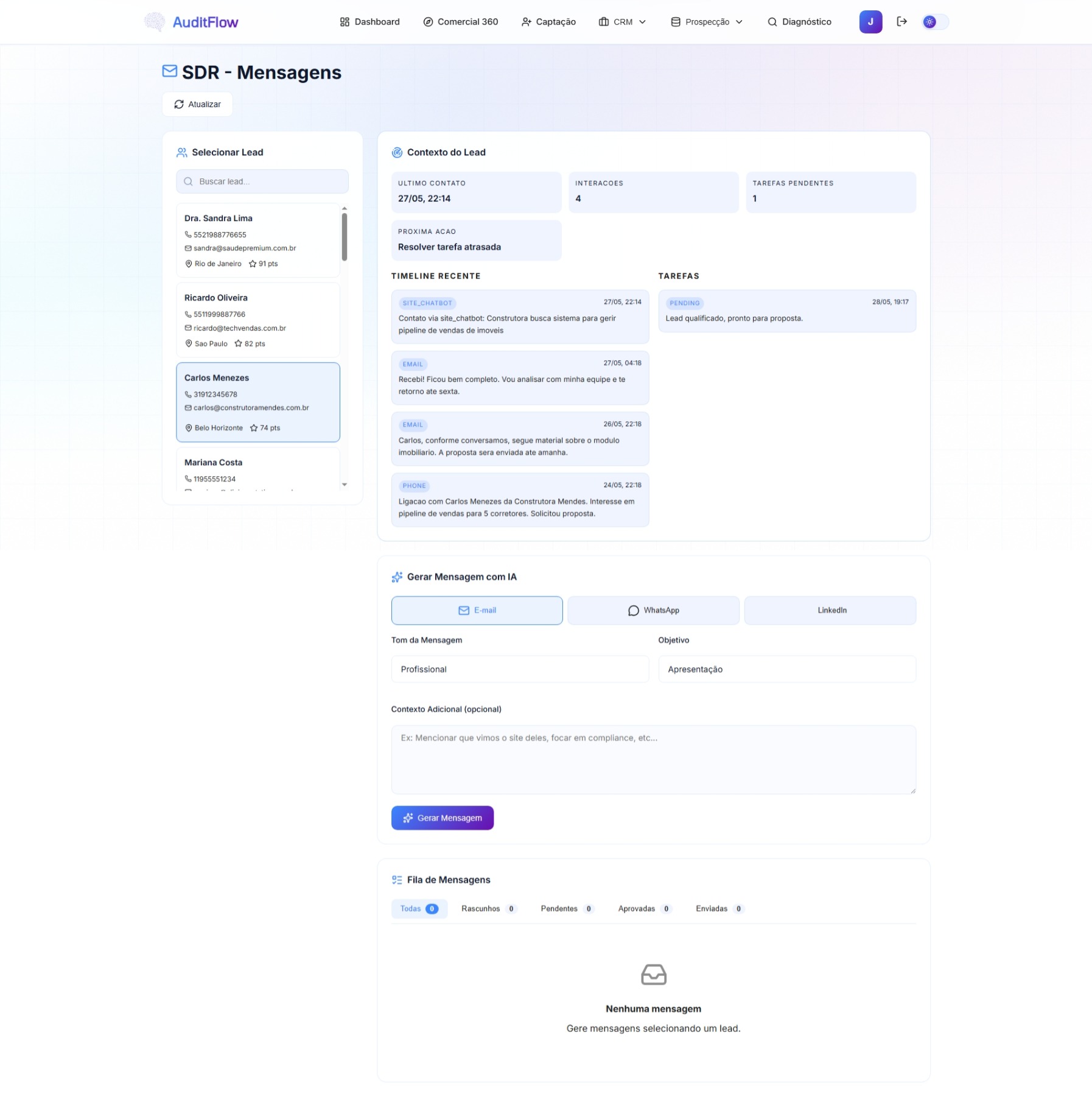 Módulo SDR com geração de mensagens por IA e timeline de contatos