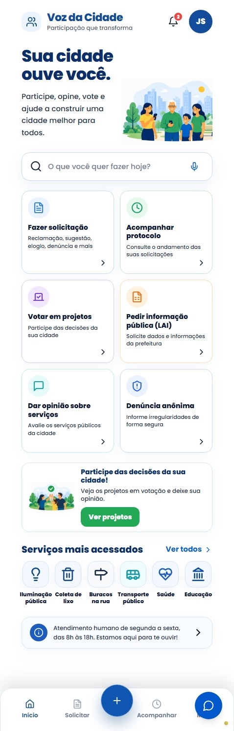 Página inicial do portal público da Ouvidoria no celular, com menu de opções de manifestação e participação