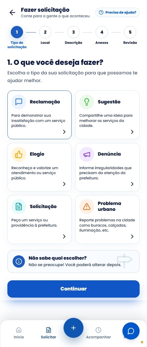Formulário de registro de manifestação no celular com campos simplificados