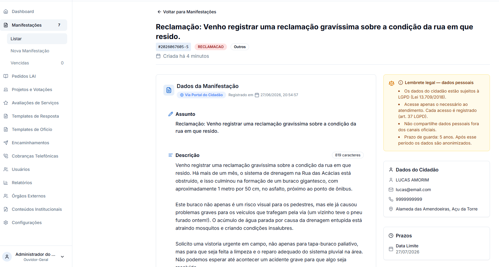 Painel interno de gestão de manifestações para funcionários municipais, com lista de casos, prazos e responsáveis por setor