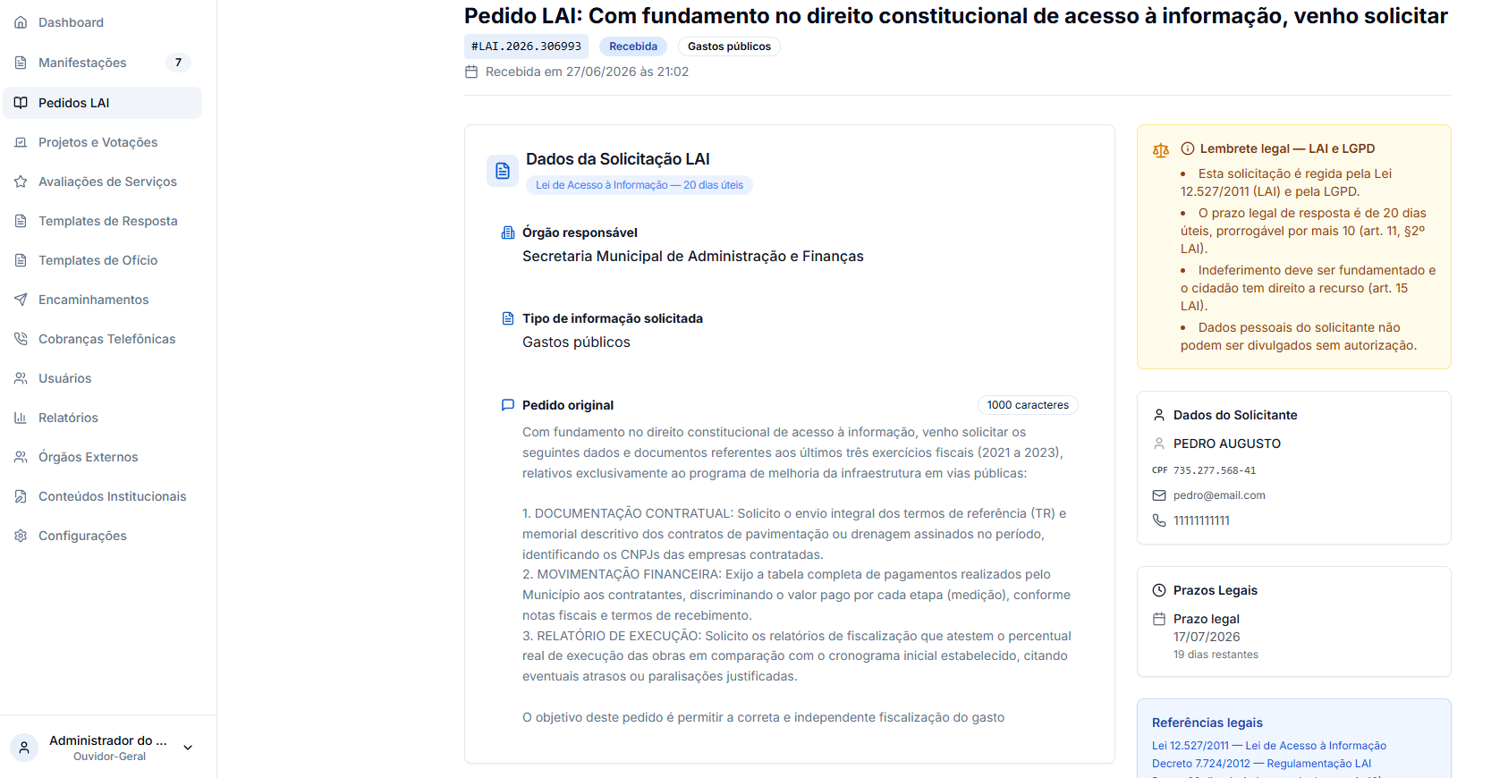 Módulo e-SIC no painel interno, com lista de pedidos de acesso à informação, prazos de resposta e histórico de tramitação