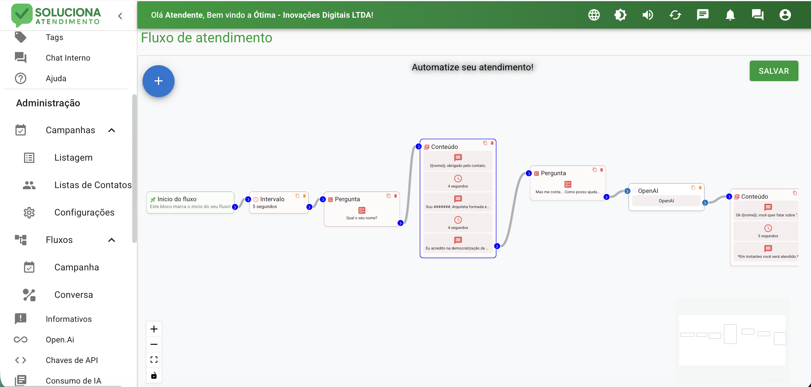 FlowBuilder com fluxo de atendimento automatizado visualmente