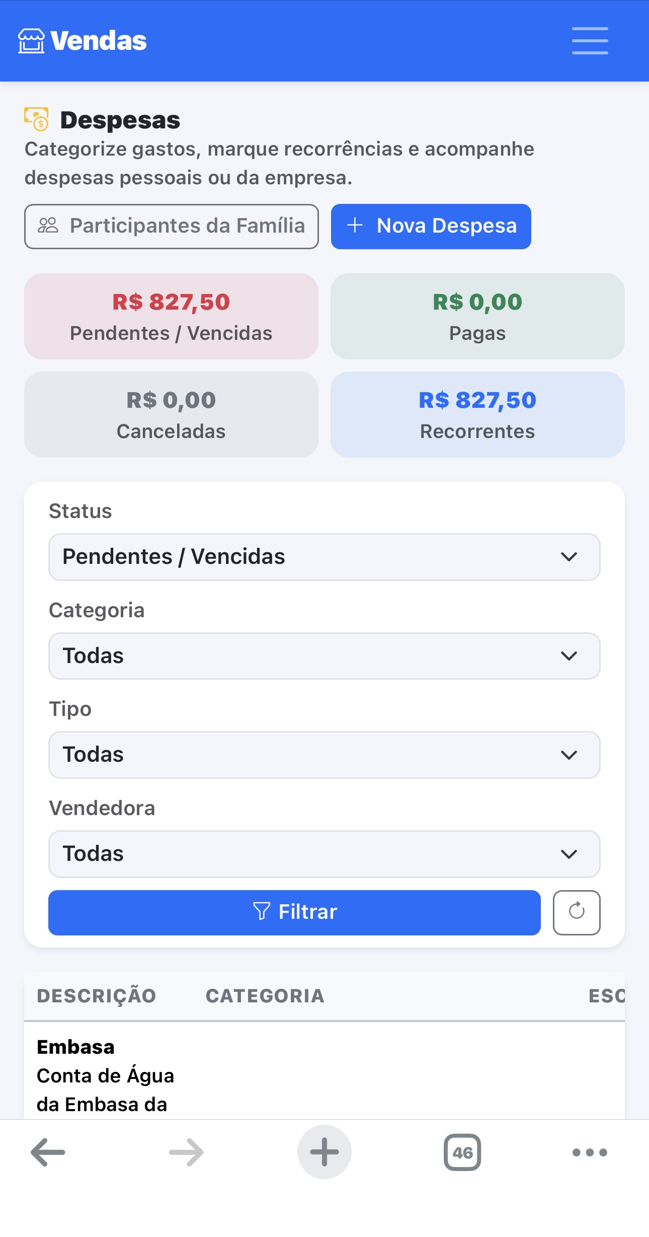 Listagem detalhada de despesas com status e controle de vencimentos